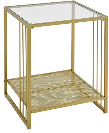 MODERION Beistelltisch aus goldfarbenem Glas mit Gehärteter Glasplatte, Metallgestell, Balkon Couchtisch, Sofatisch, Nachttisch, Stabil, 45.5 X 45.5 X 55 cm