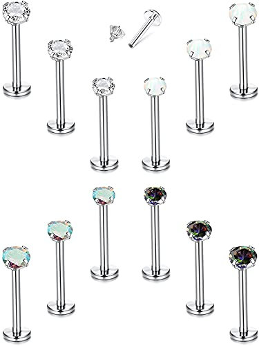 Milacolato 12Pcs 16G Piercing Tragus Labret Oreille Helix Acier Chirurgical Tragus Studs Clou Argent Or Rose, Clair CZ Opale Piercing Nez Lèvre Cartilage Piercing Bijoux Pour Femme Homme S8mm