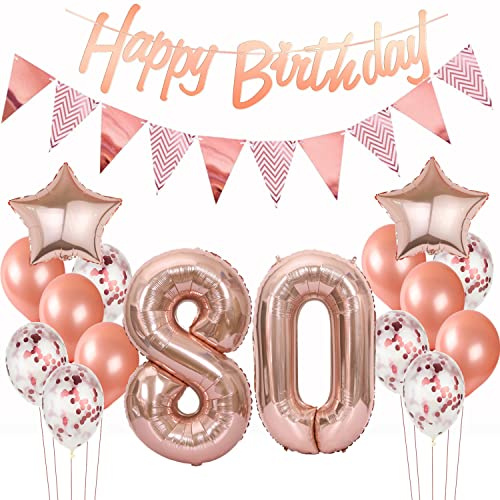 Deko 80. Geburtstag Frauen Rosegold - Luftballons, Girlande, Banner - Dekoration für 80 Jahre