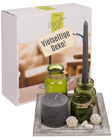 Weiß/naturfarbener Holz-Teller, 20 x 20 cm, mit Glasvase, Glas-Teelicht/-kerzenhalter (2in1), Kerze im Glas, Stumpenkerze, Spitzkerze & Dekosteinen, im Geschenkkarton