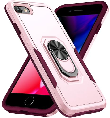 Niopiee for iPhone SE 2022 Case Heavy Duty Dual Layer Shockproof Protective Ring Case Hybrid Full Body Anti-Scratch Kickstand Cover for iPhone SE 2020/7/8 Pink