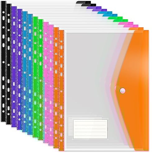 Punched Pockets Plastic Wallets, 12Pcs A4 File Folders for Document Paperwork Clear Assorted Coloured Envelope with Label Pocket Snap Button Ring Binder Home School Office Supplies