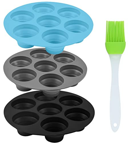 BEHAHAI 3pcs Silicone Muffin Pans with Brush,7 Cup Silicone Bun Muffin Tray Round Non Stick Baking Mould Air Fryer Cake Molds Muffin Cake Cups Silicone Cupcake Moulds for Yorkshire Pudding Baking