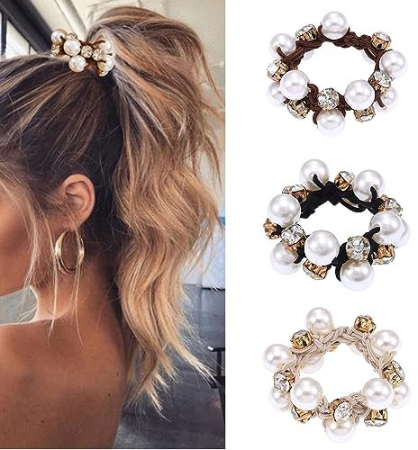 Yean Elastici per capelli neri con perle e cristalli, accessori per capelli per donne e ragazze (confezione da 3) (A)