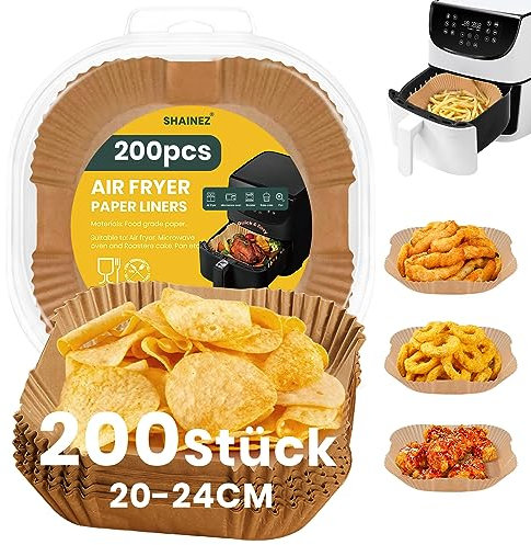 SHAINEZ 200 Piezas Papel Freidora Aire Cuadrado,Papel Para Freidora de Aire 20CM,Papel Air Fryer para COSORI Cecotec 5,5 6L, Desechable Antiadherente para Horno Freidora Aire Microondas