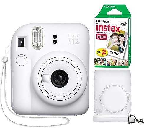 Fujifilm Instax Mini 12 Instant Camera Clay White + Minimate Custom Case + Fuji Instax Film 20 Sheets Twin Pack