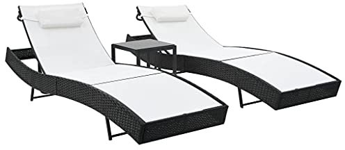 Homgoday Sonnenliegen 2-teilig und Tisch aus Polyrattan und schwarzem Textilene, Sonnenliegen, Schlafsofa, Gartenliegen, Poolliegen, schwarz und weiß