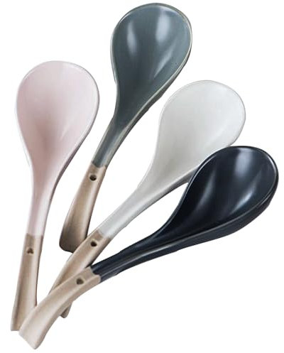ZHIZIXZZ Ramen Spoons, Ceramic Asian Soup Spoon, Japanese Spoons for Kitchen, Pho, Dumpling, Noodles, Wantan, Miso, No slip into soup - 6.6 Inch, Mix clolor, Set of 4