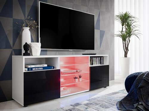 Komodee, TV-Schrank Urbino, Weiß/Schwarz, Breite 140 cm x Höhe 53 cm x Tiefe 35 cm, LED RGB, 3 Glasböden, 2 Fächern mit Türen, 2 offenen Fächern für Wohnzimmer, Schlafzimmer