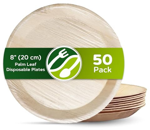 ECO Leaf 50 Disposable Palm Leaf Plates - 8''(20cm) Deep Round, Compostable & Biodegradable | Eco-Friendly, Strong Plates for Hot Food | Microwave & Oven Safe | Medium Round, Chemical-Free