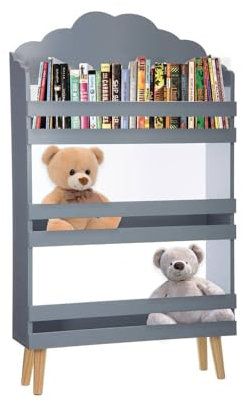 Avilia Libreria Grigia per Bambini 3 Ripiani in Legno - Ideale Come Porta Libri e Giocattoli - Salvaspazio e con Base Antiscivolo è Perfetta e Sicura Come Arredamento in Cameretta - 58x100x18cm