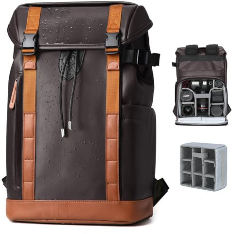 TARION Kamerarucksack Wassserdicht Fotorucksack Kameratasche: Leder Kamera Rucksack DSLR SLR Kamerarucksäcke Spiegelreflex mit 14 Zoll Laptopfach Regenhülle(M,Braun)