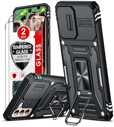 LeYi Handyhülle für Samsung Galaxy S21 5G Hülle [2 Glasfolie Schutzfolie], Militär Standard Kameraschutz Handy Hüllen Ständer Schutzhülle Outdoor Kratzfest Cover S 21 5G 6,2 Stoßfest Case Schwarz