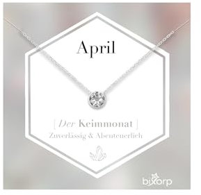 Bixorp Geburtsstein Halskette mit Zirkonia-Anhänger April - Edelstahlkette mit rundem Zirkonia-Kristall - April/Diamant - Silber