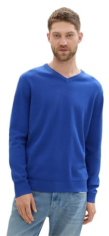 TOM TAILOR Herren Basic Pullover mit V-Ausschnitt aus Baumwolle, 36304 - Bright Royal Blue Melange, XXXL