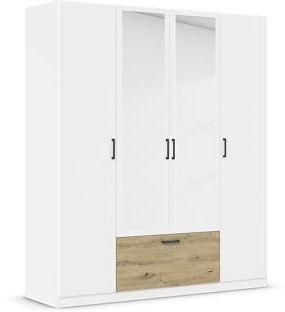 Rauch Möbel BARI, Kleiderschrank, Farbe Weiß/Eiche Artisan, Breite 181 cm | Schrank, 4-türig, Spiegel, 1 Schublade, für Schlafzimmer, Kinderzimmer, Babyzimmer, Homeoffice, Garderobe, Flur