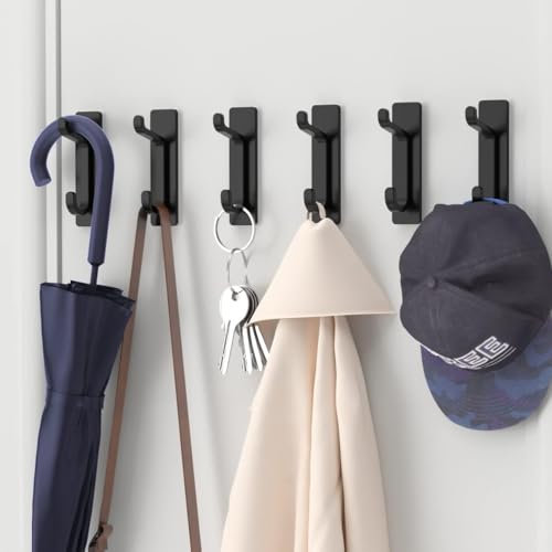 Josmimic Self Adhesive Hooks, Sticky Hooks Extra Sturdy, Hanging up to 6KG, Metal Stainless Heavy Duty Stick on Wall Door, for Towel Coat Hat Purse in Bathroom Shower, Black, 6 Pack