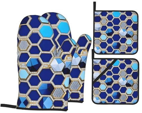Ofenhandschuhe und Topflappen, Motiv: blaue Sechsecke und Diamanten, rutschfest, Küchenhandschuh, zum Kochen, Backen, Grillen