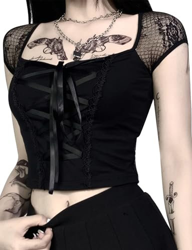 FEOYA Women's Gothic Top Goth Tank Top for Women UK Lace Steampunk Punk Vest Ladies Short Sleeve Crop Tops Black XS Mesh Square Neck Lace Up Vests Y2K Retro Vintege Halloween Cosplay Cropped T Shirt