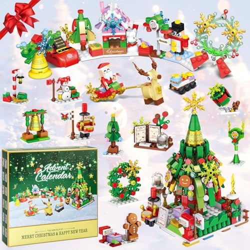 Calendrier de l'Avent 2024 Noël cubes en bois, MOMSIV Calendrier de Noël pour enfants 24 jours cadeau, arbre de Noël compte à rebours calendrier boîte aveugle cubes en bois décorations cadeau