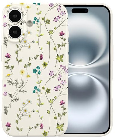 RALEAVO Flower Case for iPhone 16 (6.1), Girls Floral Silicone Shockproof Case Cover with Cute Patterns Protective Case for iPhone 16-Beige