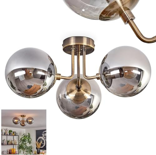 HOFSTEIN Deckenleuchte Cabalonga, 3-flammige Deckenlampe aus Metall/Glas in Messing/Rauchfarben, moderne Leuchte im Retro/Vintage-Design (Schirme Ø 15 cm), E14, Esszimmer, Wohnzimmer, Küche, Flur