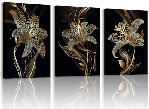 WENGTIAO 3Pcs Schwarz Gold Lilien Blumen Leinwand Bilder Kunstdrucke | Gerahmtes Bild Aesthetic Goldene Geblümt Malerei Wandbilder auf Leinwand Wohnzimmer Schlafzimmer Wanddeko 40x60cmx3