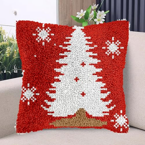 Merry Christmas White Tree in Red DIY Latch Hook Kits Pillow with Printed Canvas Handmade Cushion Crochet Yarn Embroidery Hook and Latch Kit Pillowcase Christmas Decoration 43x43cm