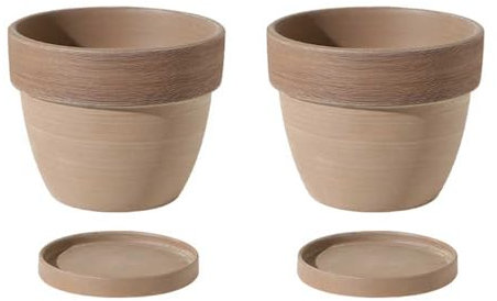 IOEDHW Paquete de 2 macetas de Terracota para Interiores, macetas de Arcilla roja en Forma de Cuenco, macetas Grandes Transpirables con Orificio de Drenaje y Bandeja, macetas de Flores Redondas
