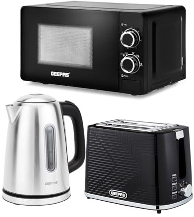 Geepas 1.7L Illuminating Electric Kettle 2 Slice Bread Toaster & Microwave Kitchen Combo Set | 2200W Stainless Steel Cordless Jug Kettle | 20L 700W Solo Manual Microwave Countertop Set