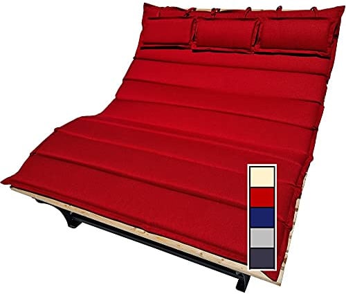 XXL Auflage mit 3x Kopfkissen für Waldsofa Traumliege Sonnenliege Relaxliege Gartenliege Himmelsliege Wellnessliege Saunaliege (Rot, XXL Auflage)