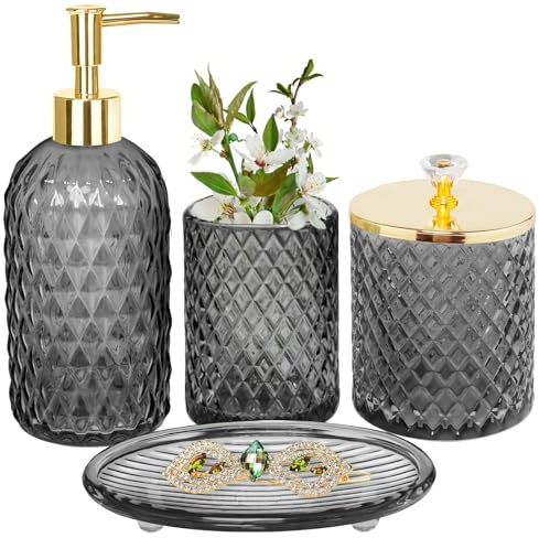 Badezimmer-Zubehör-Set, 4-teilig, graues Glas, Badezimmer-Zubehör-Set, komplett mit Lotion-Seifenspender, Zahnbürstenhalter, Qtip-Halter, Seifenschale, goldfarbenes Badezimmer-Dekor-Sets, Geschenk für