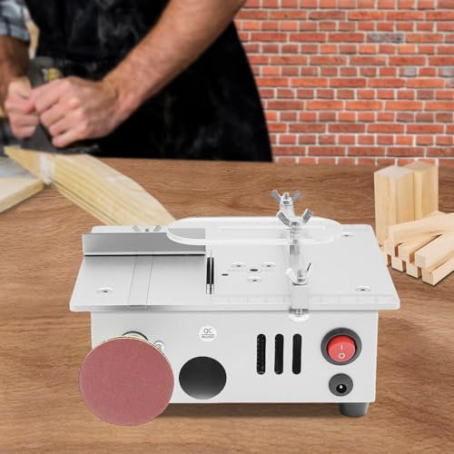 Petite scie circulaire de table - Mini scie circulaire portable de précision pour bricolage du bois, du métal et du modélisme, avec jauge à onglet, 4 lames, bloc d'alimentation réglable à 7 vitesses