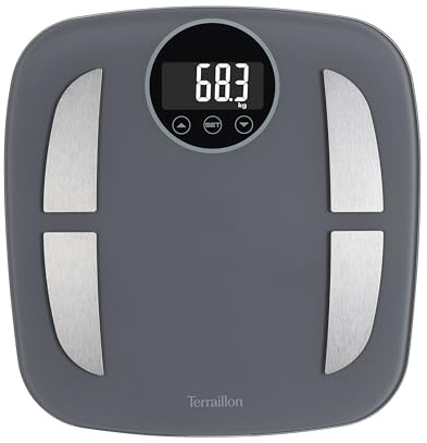 TERRAILLON - Power Fit Elektronische Personenwaage, Impedanzmesser, Analyse von Fett, Muskeln, Wassermassen, BMI, Gran Display mit Hintergrundbeleuchtung, Kapazität 160 kg, Glasplatte, grau