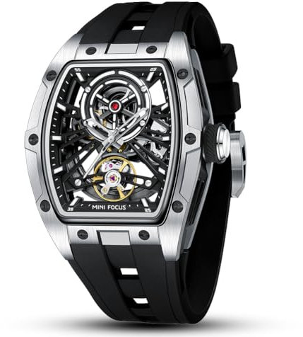 LOYEWAIER Einzigartige Herrenuhren 5 ATM Wasserdicht Automatische Mechanische Uhr Luxuriöse Skelett-Tonneau-Uhren Für Herren Mit Edelstahlgehäuse Und Silikonband (C-Silber)
