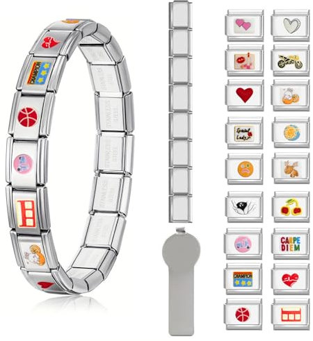 KATIMI 18 Muster Italian Charm Bracelet Set, 8 Zusätzlich Italian Charms mit Öffnungswerkzeugen, 9mm Abnehmbar Modul für Italienische Armbänder, Charm Nomination Armband Glieder für Damen Mädchen
