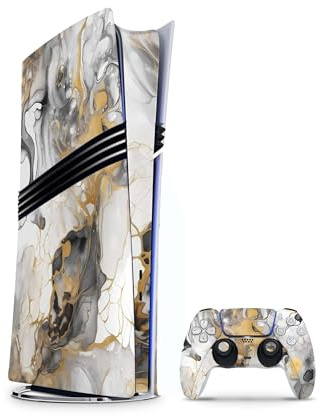 PS5 Pro Skin Aufkleber Set, Vinyl-Schutzfolie für PlayStation 5 Pro Konsole und Controller, Matt, Passgenau (Marmor Gold Light, PS5 Pro Ohne Disk)