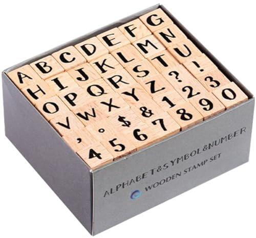 HiyyFloy 42 Stück Holz-Stempel, Zahlen Und Buchstaben, Holz-Stempel-Set, Holz-Gummi-Zahlen, Buchstaben, Stempel-siegel-Set Holzbox, Vintage-DIY