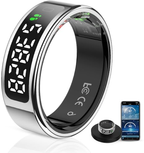 LCD Display Smart Ring - Sleep Tracker Touch Control Ring with Heart Rate/Blood Oxygen/Step Counter, Wireless Charging Dock, 5ATM Waterproof Fitness Tracker, No Subscription Fee for iOS/Android