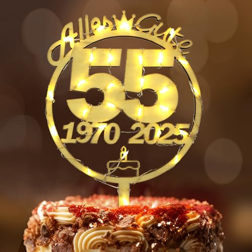 Tortendeko 55 Geburtstag Frau Mann, Seutgjie 55. Geburtstag Jubiläum Hochzeitstag Cake Topper Holz mit LED Lichterkette 1970 bis 2025 Kuchen Deko