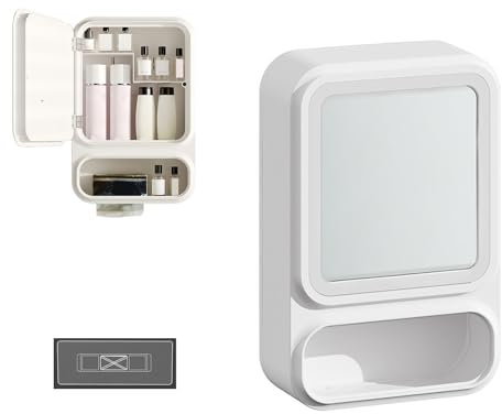 Fesatccoz Armadietto da bagno con specchio, montaggio a parete, salvaspazio, in plastica, con fessura per fazzoletti e porta magnetica, per trucchi, articoli da toeletta