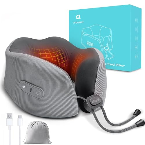 arboleaf Neckenkissen mit warm Flugzeug & Auto, Reisekissen mit Memory Schaum & 360° Ergonomie USB-C Aufladbar für Büro, Nackenhörnchen einstellbar gegen Nackenschmerzen, inkl. Beutel grau