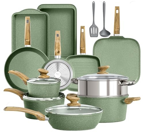 DishDelight 17pcs Kitchen Cookware Set Pots and Pans Set Non Stick Induction Hob Pan Set Frying Pan with Lids Granite Coated Saucepans Set (Green)