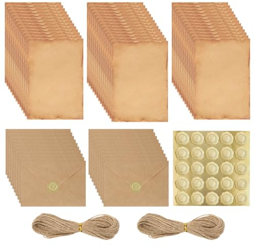 87 Stk Vintage Briefpapier mit Umschlag Set, Set Vintage Schreiben mit 40 x A5 Retro Briefpapier, 20 x Umschlag, 25 x aufkleber und 2 x 5m Juteseil für Schatzkarte, Liebesbrief, Hochzeit, Geburtstag