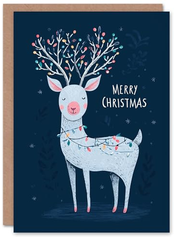 Artery8 Christmas Card Rudolph With Fairy Lights Cute Reindeer Drawing