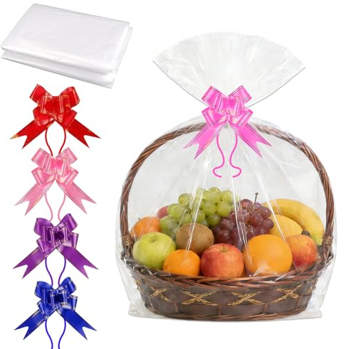 5 Stück Extra Groß Geschenkfolie Transparent CellophantüTen, 60 x 75cm | Durchsichtiges Geschenkpapier mit 5 Zugschleifen,Cellophan GeschenktüTen für Blumen Geschenkkörbe Kunsthandwerk Leckerli Wrap