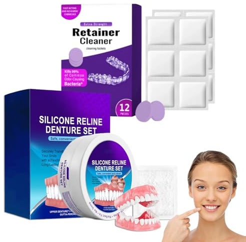 1 Pair Silicone Dentures, Silicone Reline Denture Set with 12 Pcs Purple Retainer Cleaner Tablets, Temporary Full Mouth False Teeth Veneers Top and Bottom for Men and Women