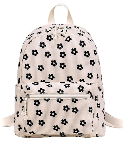 LOIDOU Kindergartenrucksack Mädchen aus Cord, Creme mit schwarzen Blumen