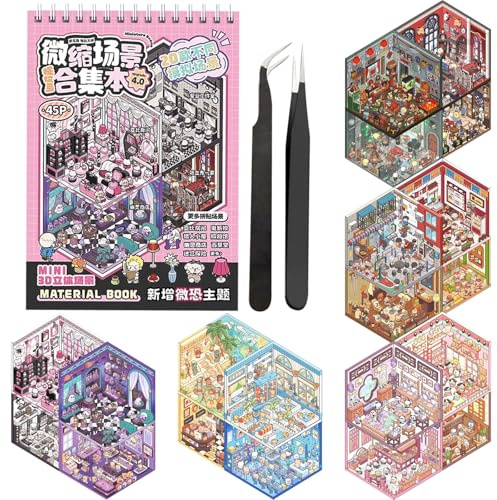 HTTDSLF 3D House Stickers Hausaufkleber Aufkleberszenen Miniatur Haus Sticker 3D Sticker Scene Haus Aufkleber Machen Sie Ihren Eigenen Relief Stress Aufkleberbuch mit Pinzetten