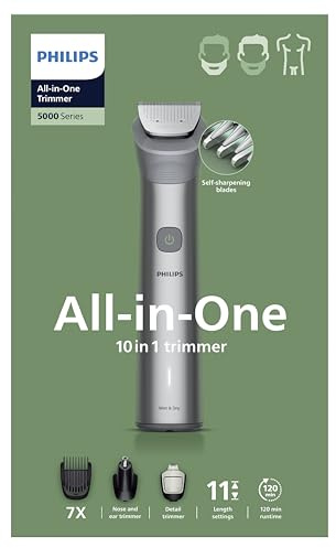 PHILIPS Multigroom Series 5000 All-in-One 10 teiliger Barttrimmer und Haarschneider für Gesicht, Kopf und Körper, selbstschärfende Metallklingen, 11 Längeneinstellungen (0,5-16 mm), Modell MG5921/15